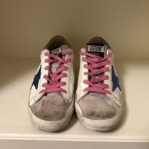 Golden Goose Superstar Sneakers - White with Blue Star, Pink Laces, Sparkle
